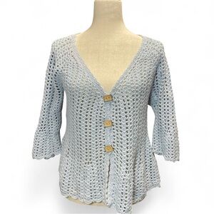 Vintage Windridge Baby Blue Open Knit Crochet Cardigan Scalloped Hem Bell Sleeve